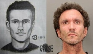 Preliminary sketch and booking photo of arson suspect William Patrick Brennan.