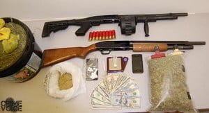 Evidence seized at the apartment included weapons, marijuana, meth, pills, and cash.