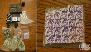 Seized evidence included suspected LSD (right)