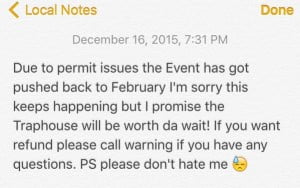 A screenshot of the note Fernandez put on his twitter for his highly anticipated "Traphouse" event.