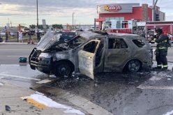 Stockton police chase ends with fire hydrant collision & patrol vehicle on fire