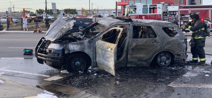 Stockton police chase ends with fire hydrant collision & patrol vehicle on fire