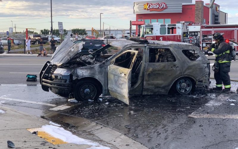 Stockton police chase ends with fire hydrant collision & patrol vehicle on fire